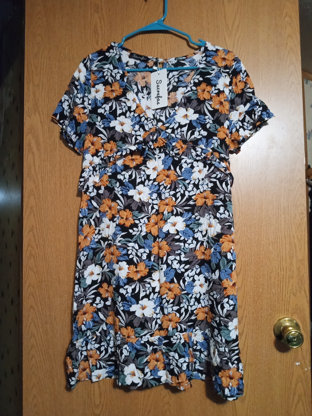 Sucrefas Floral Ruffle Hem Short Sleeve Dress - Black, Orange, White, Blue